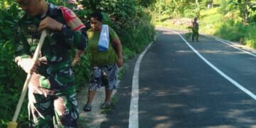 Kodim 1310/Bitung Bersama YTP 916/BS dan Masyarakat Gelar Kerja Bakti Gerakan Indonesia Asri, Bersihkan Jalan Penghubung Kasawari–Makawidey