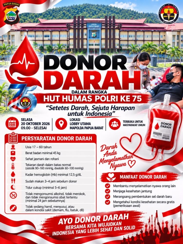 Jelang HUT Humas Polri Ke-75, Bidhumas Polda Papua Barat Gelar Bakti Kesehatan Donor Darah dan Pemeriksaan Mata Gratis